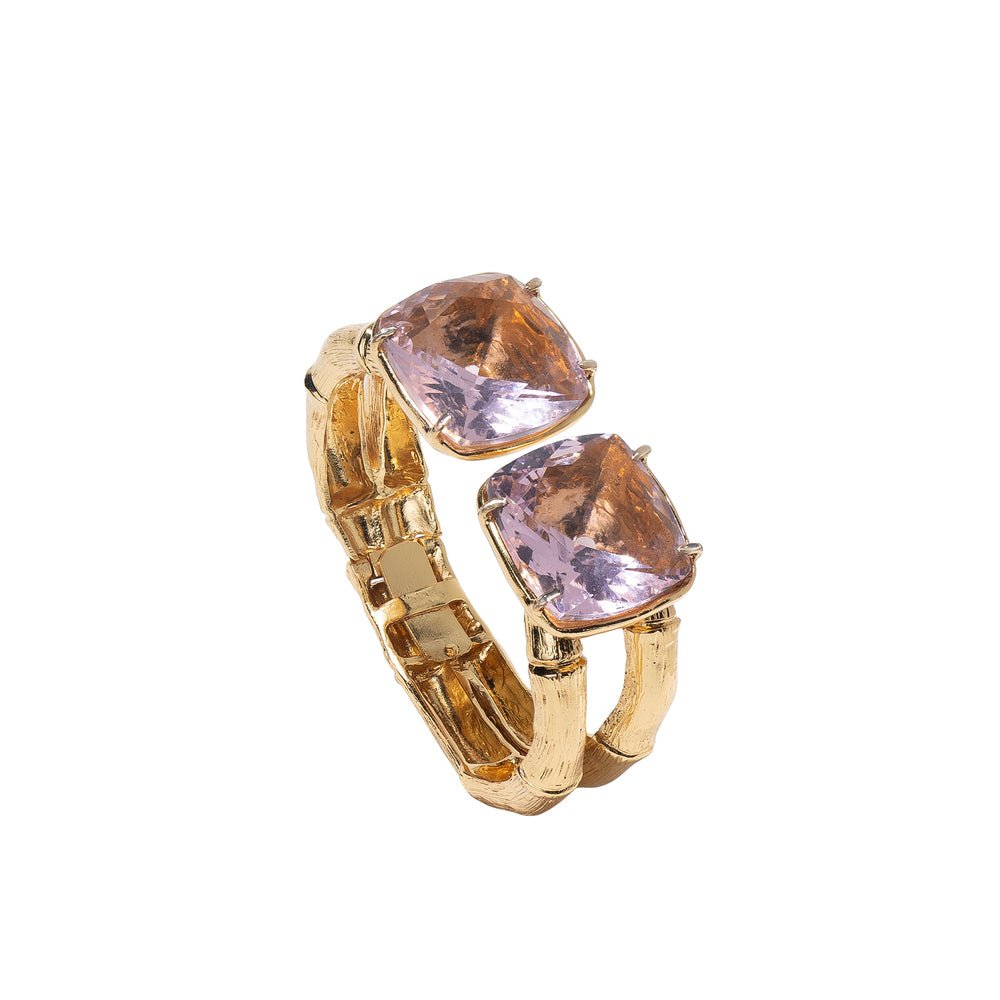 Bronze bamboo open cuff bracelet with 2 cushion cut pink quartz - Bernard Delettrez | bracelets