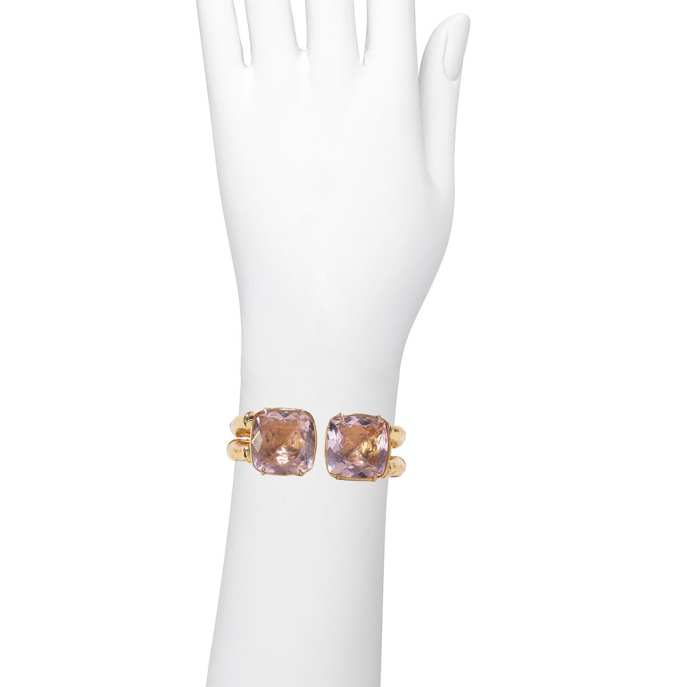 Bronze bamboo open cuff bracelet with 2 cushion cut pink quartz - Bernard Delettrez | bracelets
