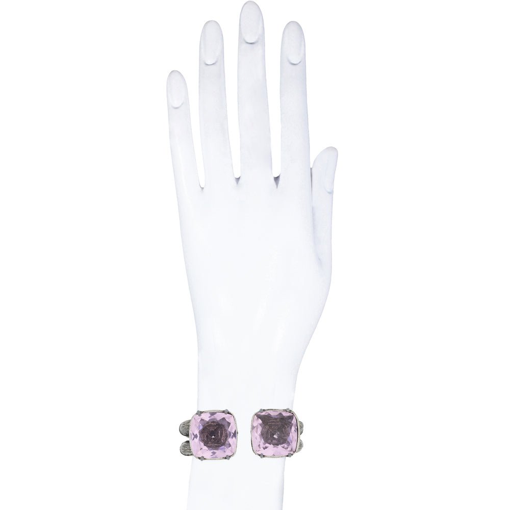 Bronze bamboo open cuff bracelet with 2 cushion cut pink quartz, aged silver color - Bernard Delettrez | bracelets