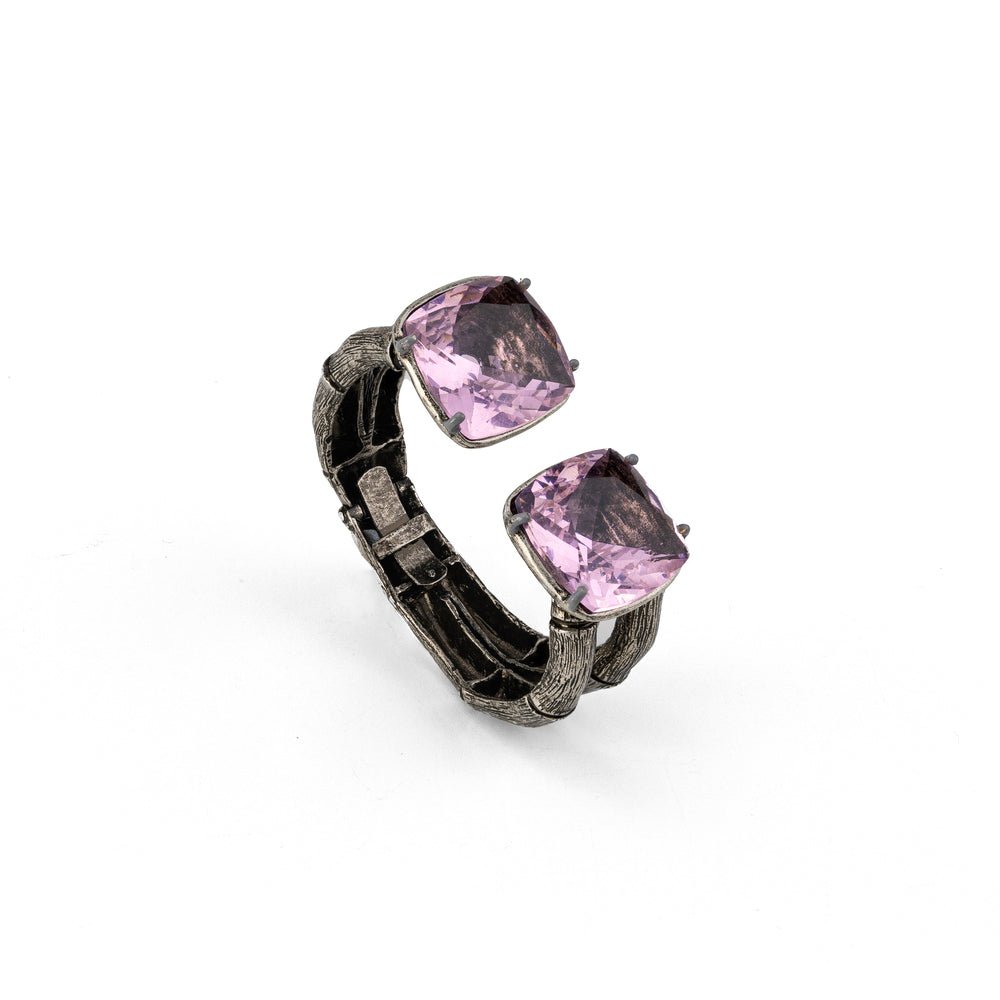 Bronze bamboo open cuff bracelet with 2 cushion cut pink quartz, aged silver color - Bernard Delettrez | bracelets
