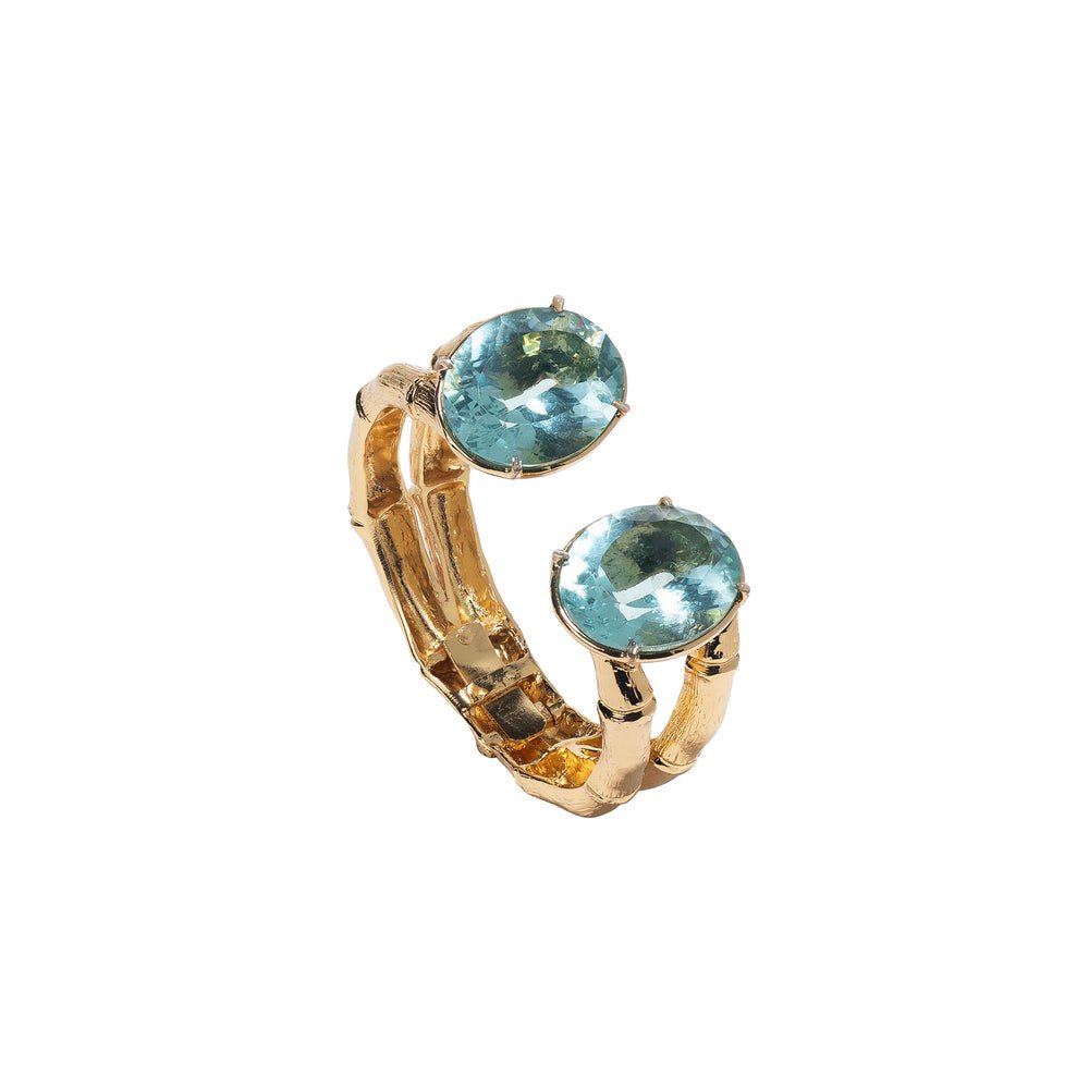 Bronze bamboo open cuff bracelet with 2 oval prasiolites - Bernard Delettrez | bracelets