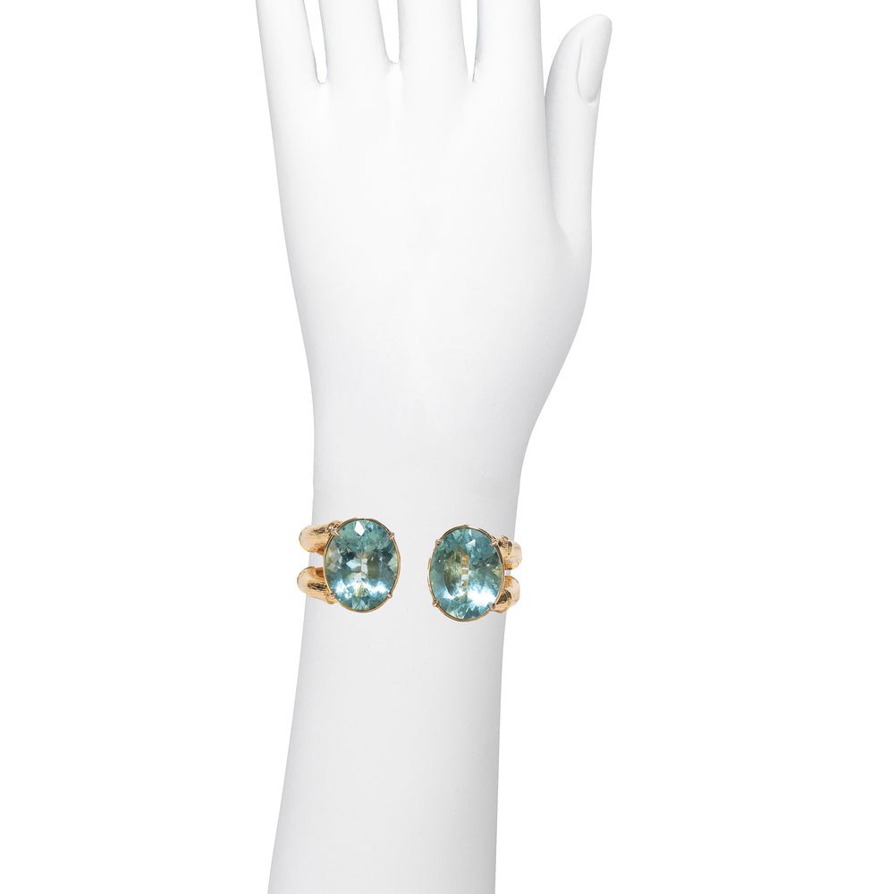 Bronze bamboo open cuff bracelet with 2 oval prasiolites - Bernard Delettrez | bracelets