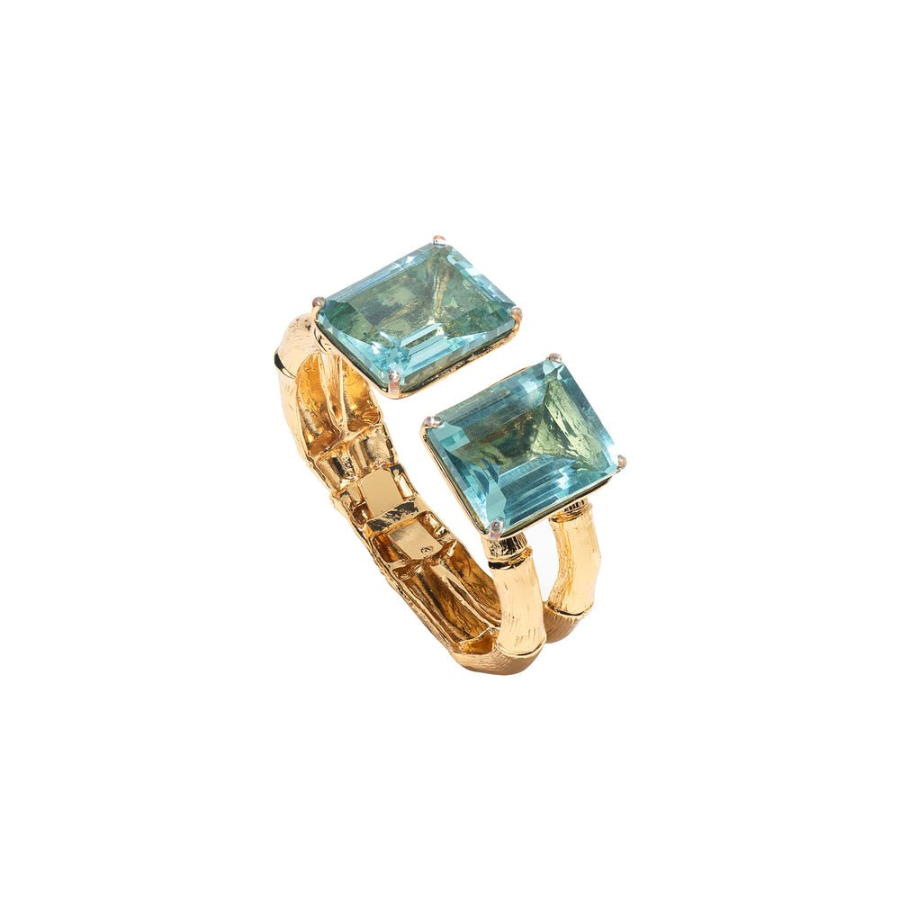 Bronze bamboo open cuff bracelet with 2 rectangular prasiolites - Bernard Delettrez | bracelets