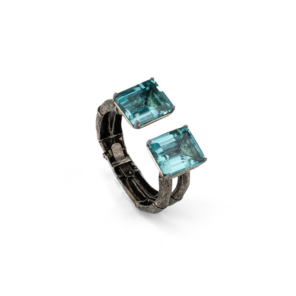 Bronze bamboo open cuff bracelet with 2 rectangular prasiolites, aged silver color - Bernard Delettrez | bracelets