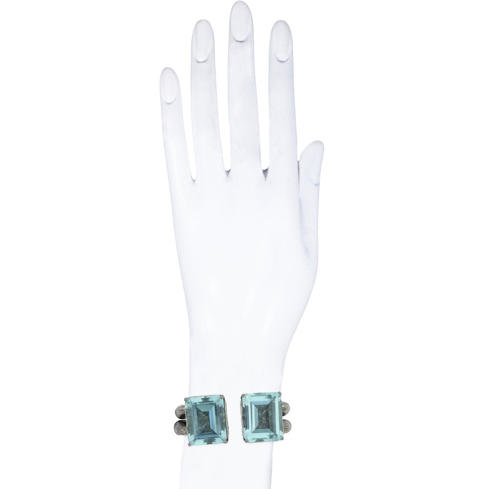 Bronze bamboo open cuff bracelet with 2 rectangular prasiolites, aged silver color - Bernard Delettrez | bracelets