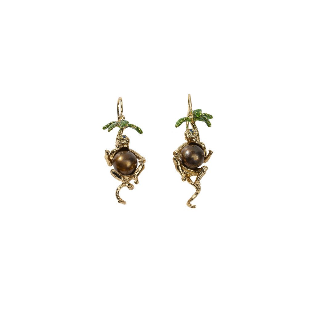 Bronze monkey earrings with palm and pearl - Bernard Delettrez | earrings
