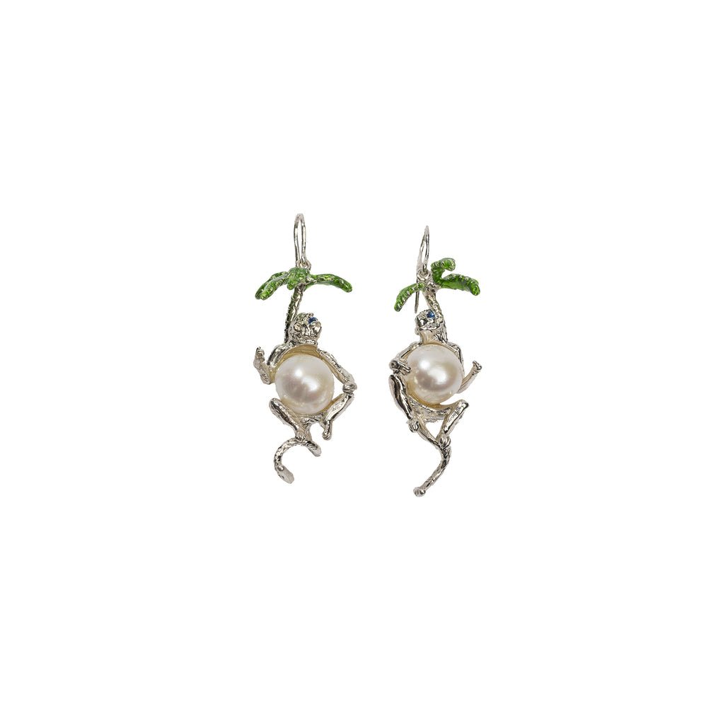 Silver monkey earrings with palm and pearl - Bernard Delettrez | earrings