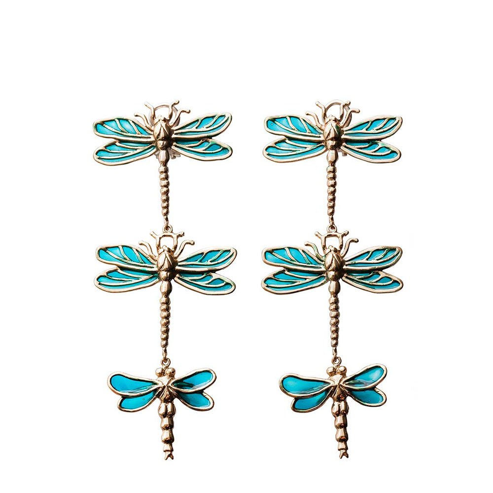 3 big dragonflies Bronze earrings with enamel - Bernard Delettrez | earrings