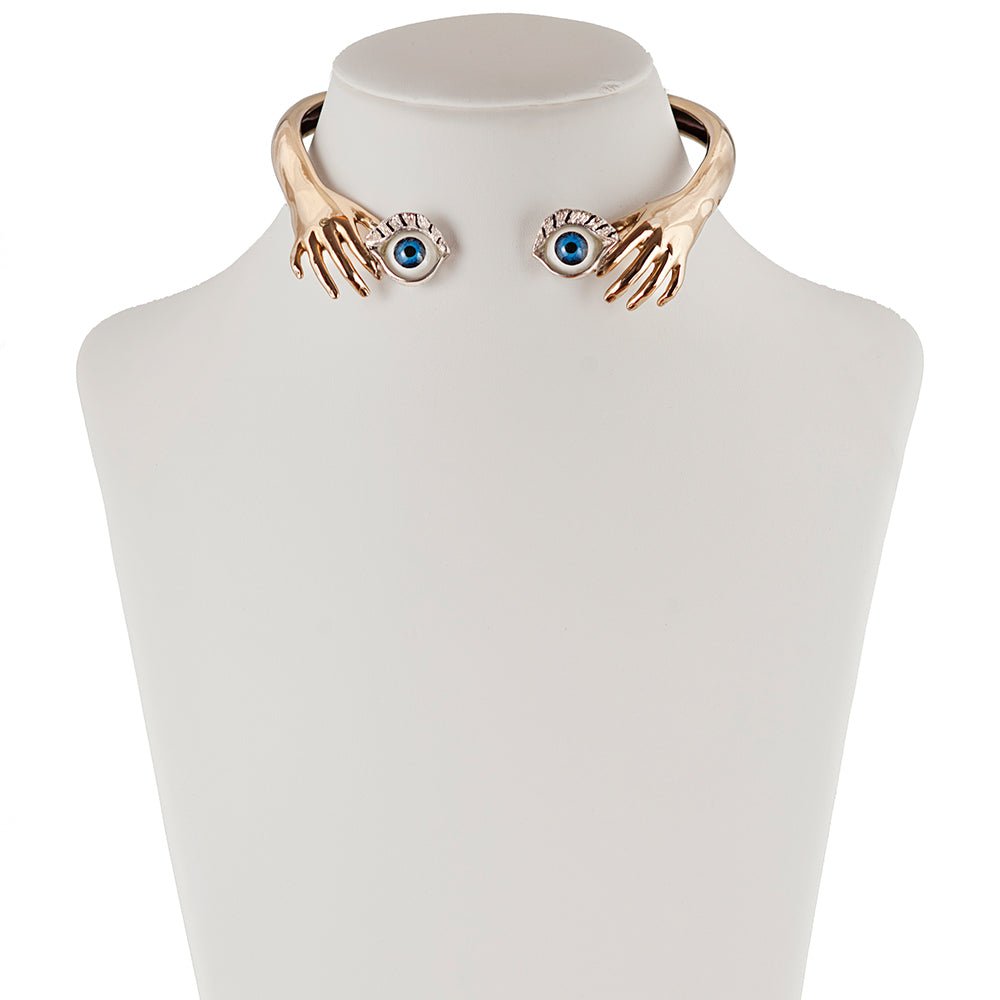 Brass hand necklace with blue eyes - Bernard Delettrez | necklaces