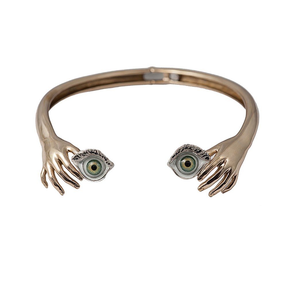 Brass hand necklace with green eyes - Bernard Delettrez | necklaces