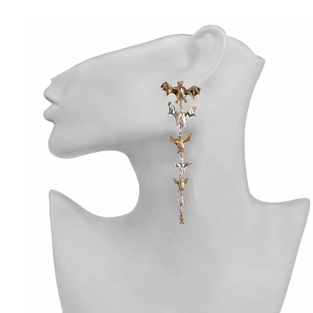 Bronze and silver earrings with 7 bats - omega back closure clip - Bernard Delettrez |