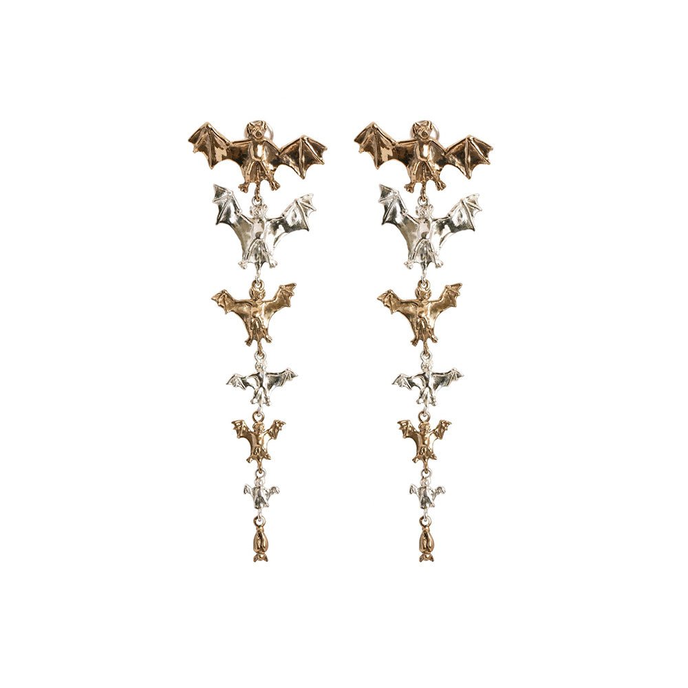 Bronze and silver earrings with 7 bats - omega back closure clip - Bernard Delettrez |