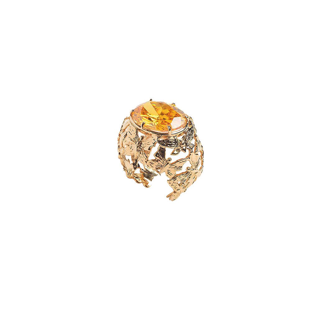 Bronze dome ring with butteflies and yellow cubic zirconia - Bernard Delettrez | rings