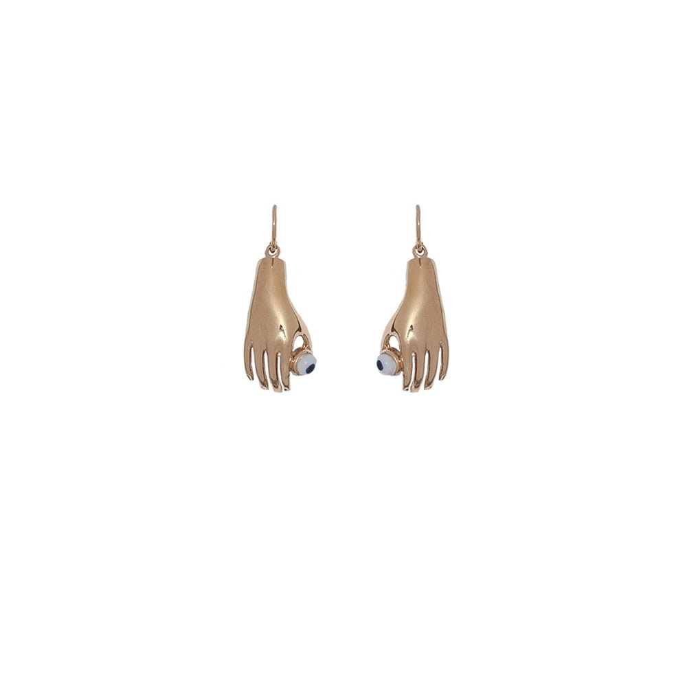 Bronze hand earrings with blue eye - medium - Bernard Delettrez | earrings