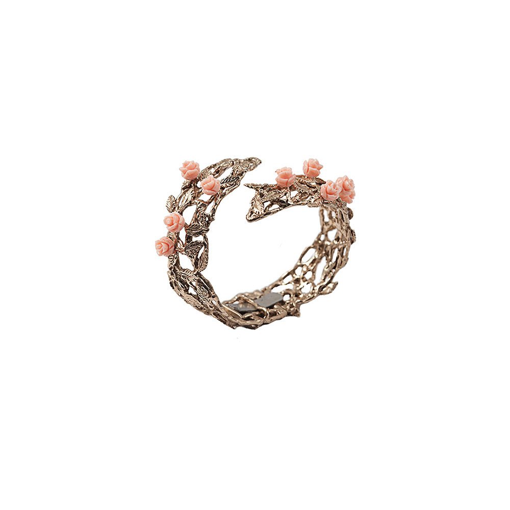 Bronze leafy cuff bracelet with pale pink resin roses - Bernard Delettrez | bracelets