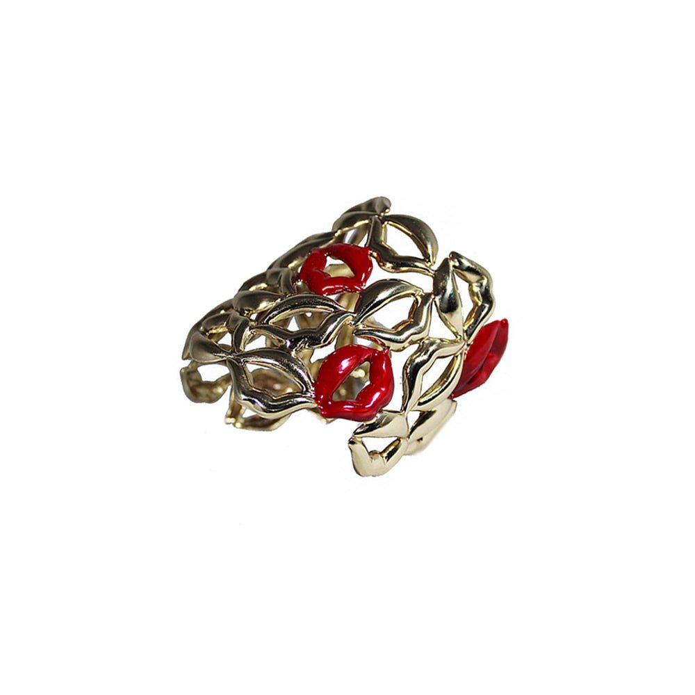 Multi lips brass cuff bracelet with 5 enamelled red lips - Bernard Delettrez | bracelets