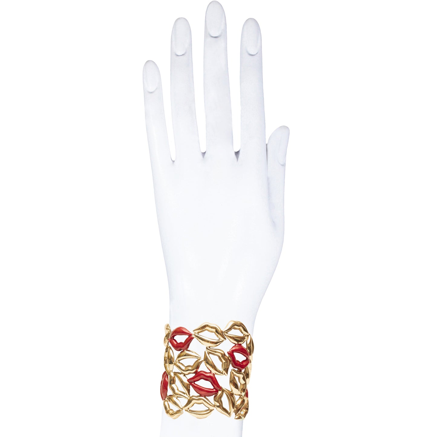 Multi lips brass cuff bracelet with 5 enamelled red lips - Bernard Delettrez | bracelets