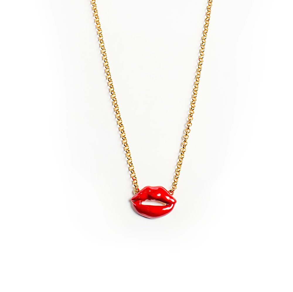 Red tiny mouth bronze pendant with chain - Bernard Delettrez | necklaces