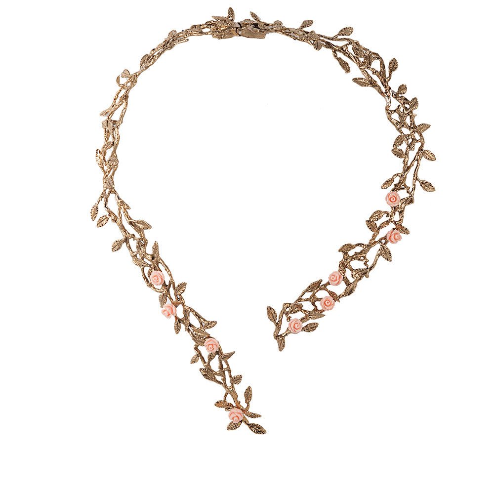 Rose garden brass necklace with pale pink resin roses - Bernard Delettrez | necklaces