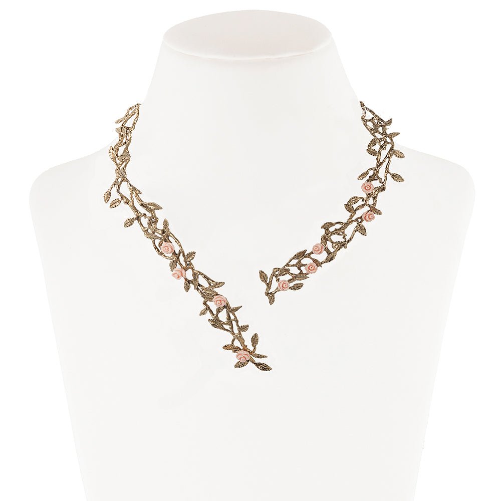 Rose garden brass necklace with pale pink resin roses - Bernard Delettrez | necklaces