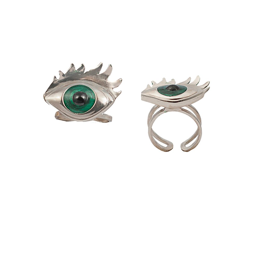 Silver ring with green enamelled eye - Bernard Delettrez |