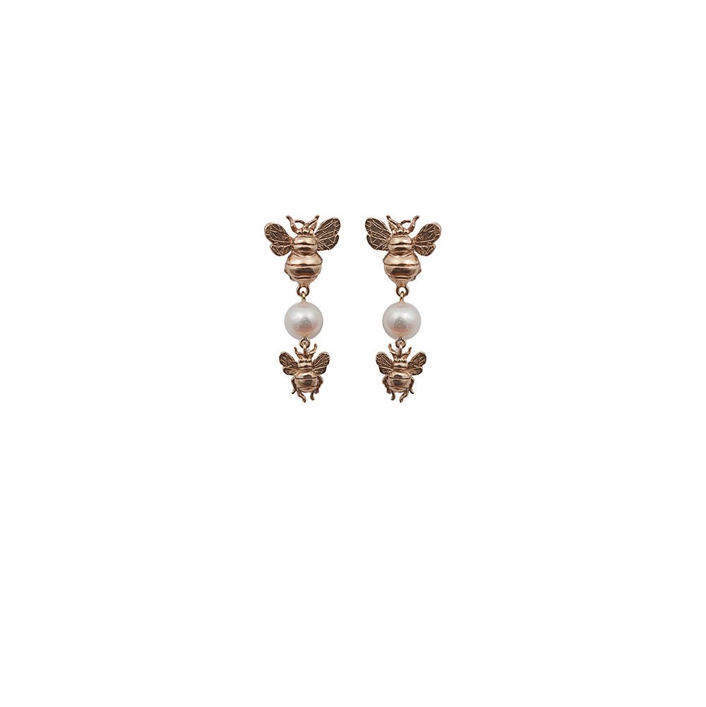 Bronze earrings with 2 bees and pearl - Bernard Delettrez | earrings