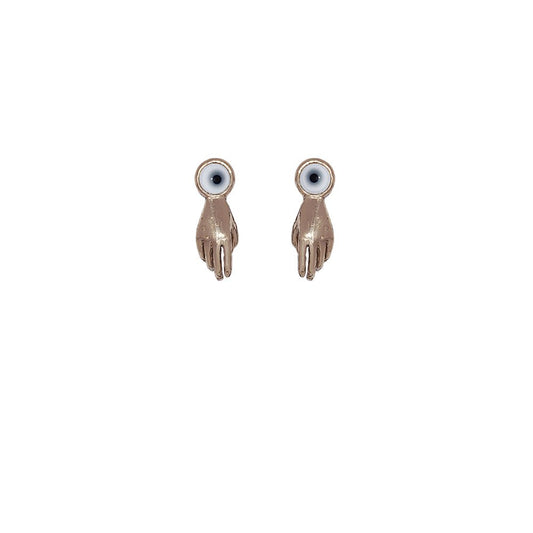 Bronze hand earrings with blue eye - small - Bernard Delettrez | earrings