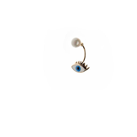 Bronze mono earring with pearl and blue enamelled eye - Bernard Delettrez | earrings