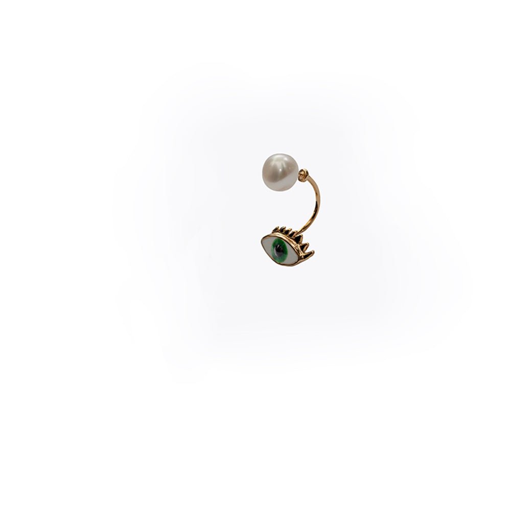 Bronze mono earring with pearl and green enamelled eye - Bernard Delettrez | earrings