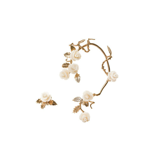 Bronze mono-earring with white resin roses - Bernard Delettrez | earrings