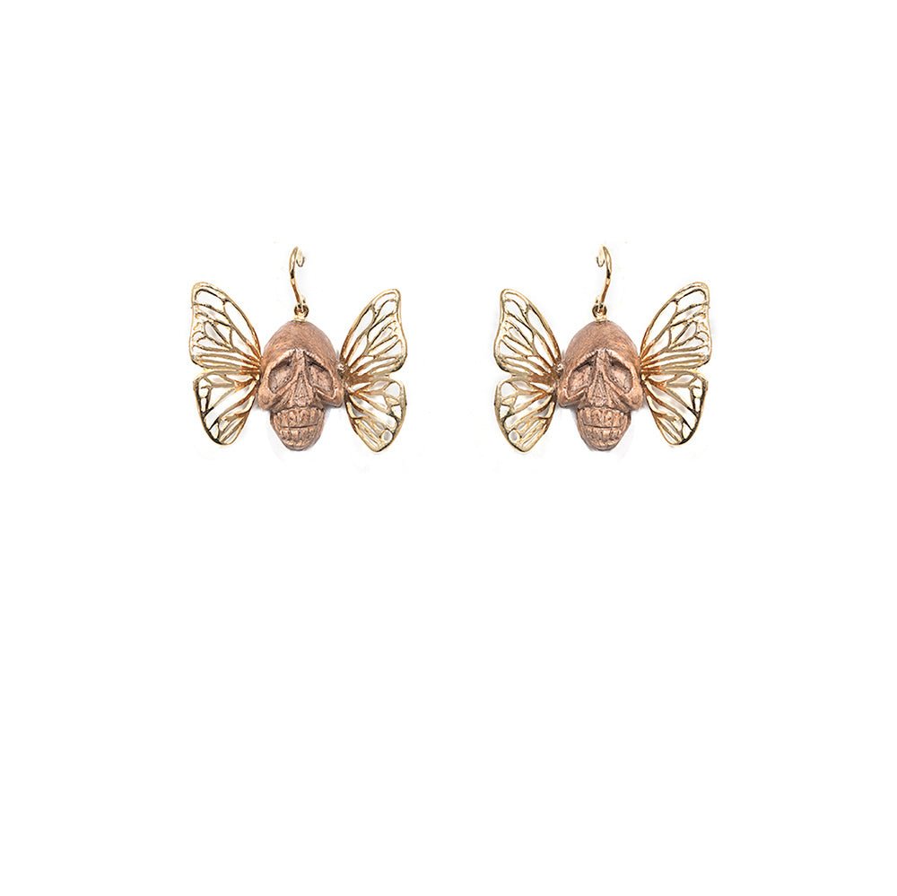 Brown ebony skull earrings with butterflies - Bernard Delettrez | earrings