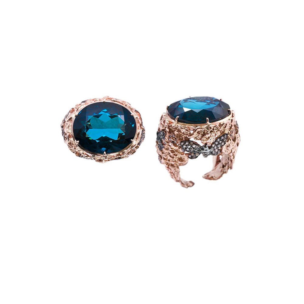 Butterlies and flowers gold ring with london blue topaz - Bernard Delettrez | rings