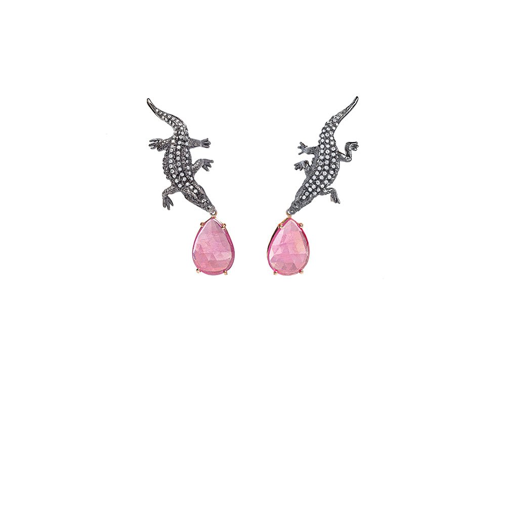 Crocodile earrings with grey diamonds and drop ruby - Bernard Delettrez | earrings