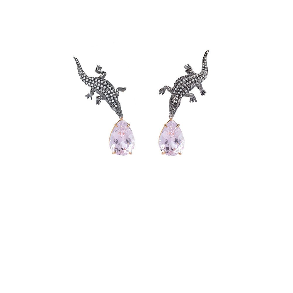 Crocodile earrings with grey diamonds and kunzite - Bernard Delettrez | earrings