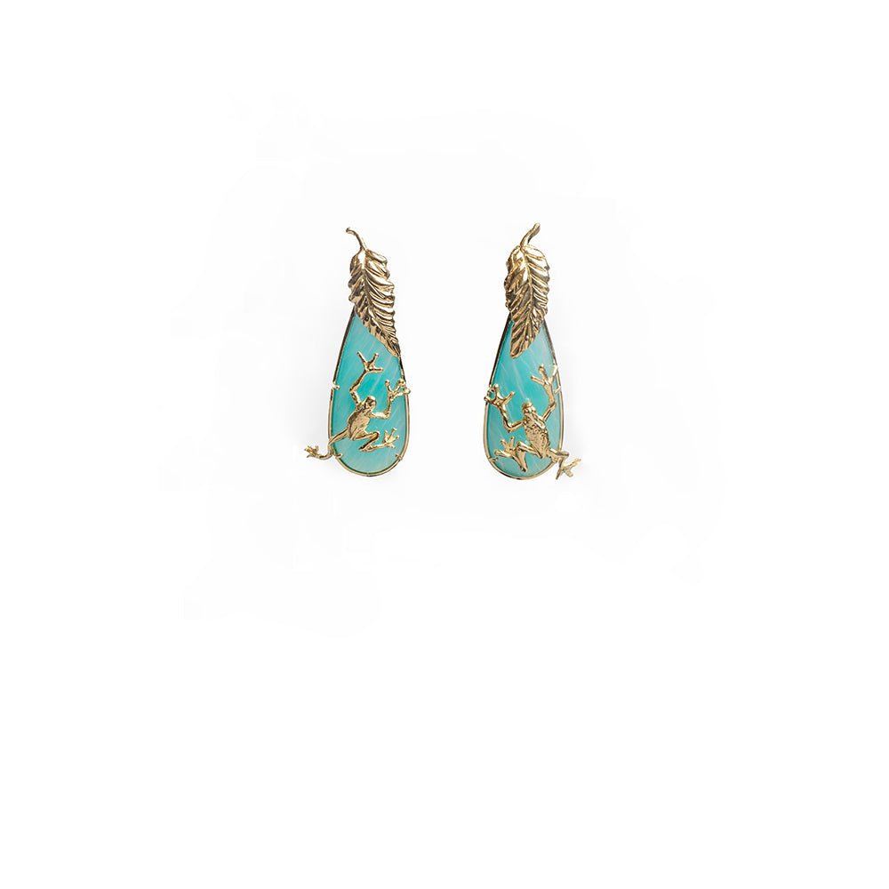 Gold earrings with frog and drop amazonite - Bernard Delettrez | earrings