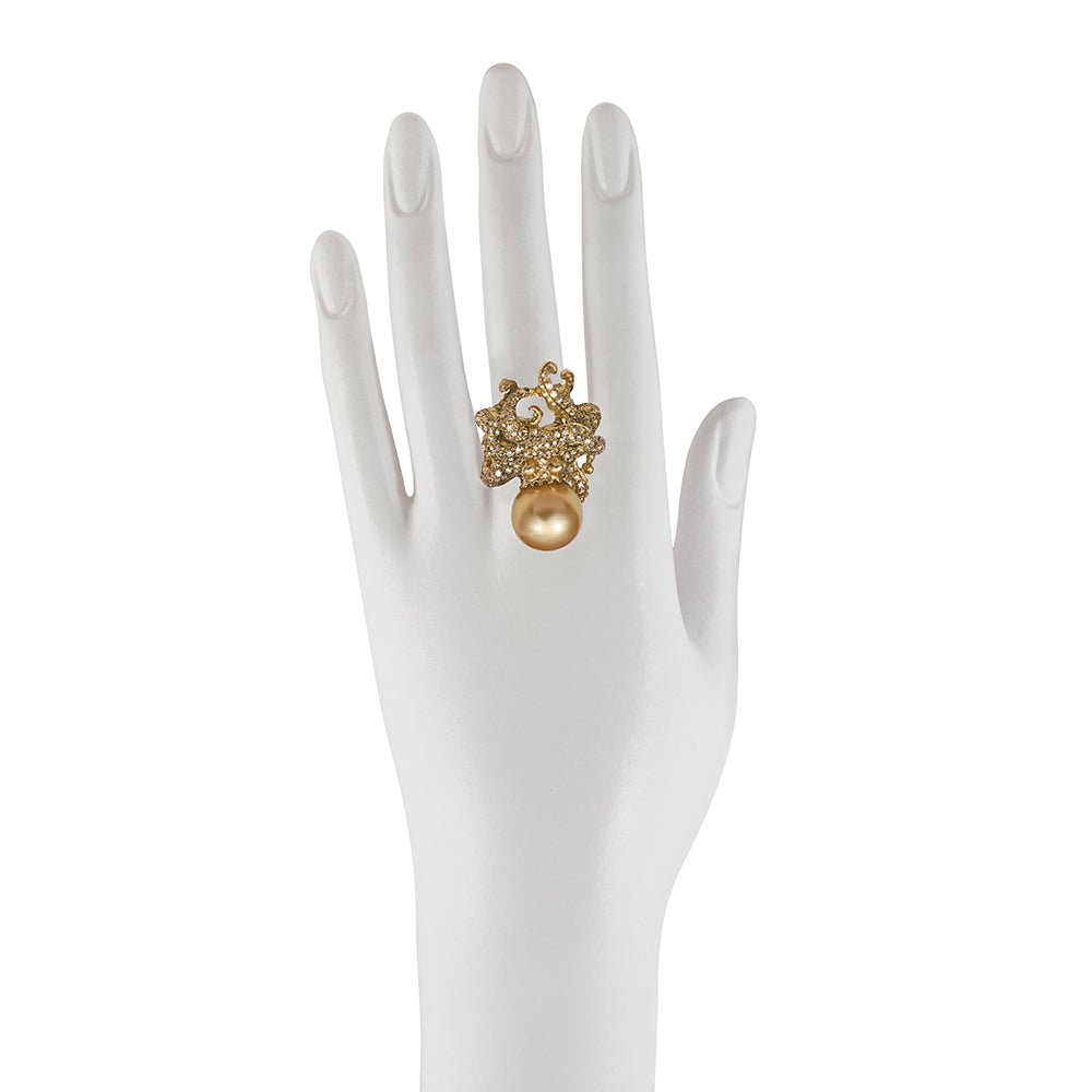 Gold octopus ring with gold pearl and cognac diamonds - Bernard Delettrez | rings