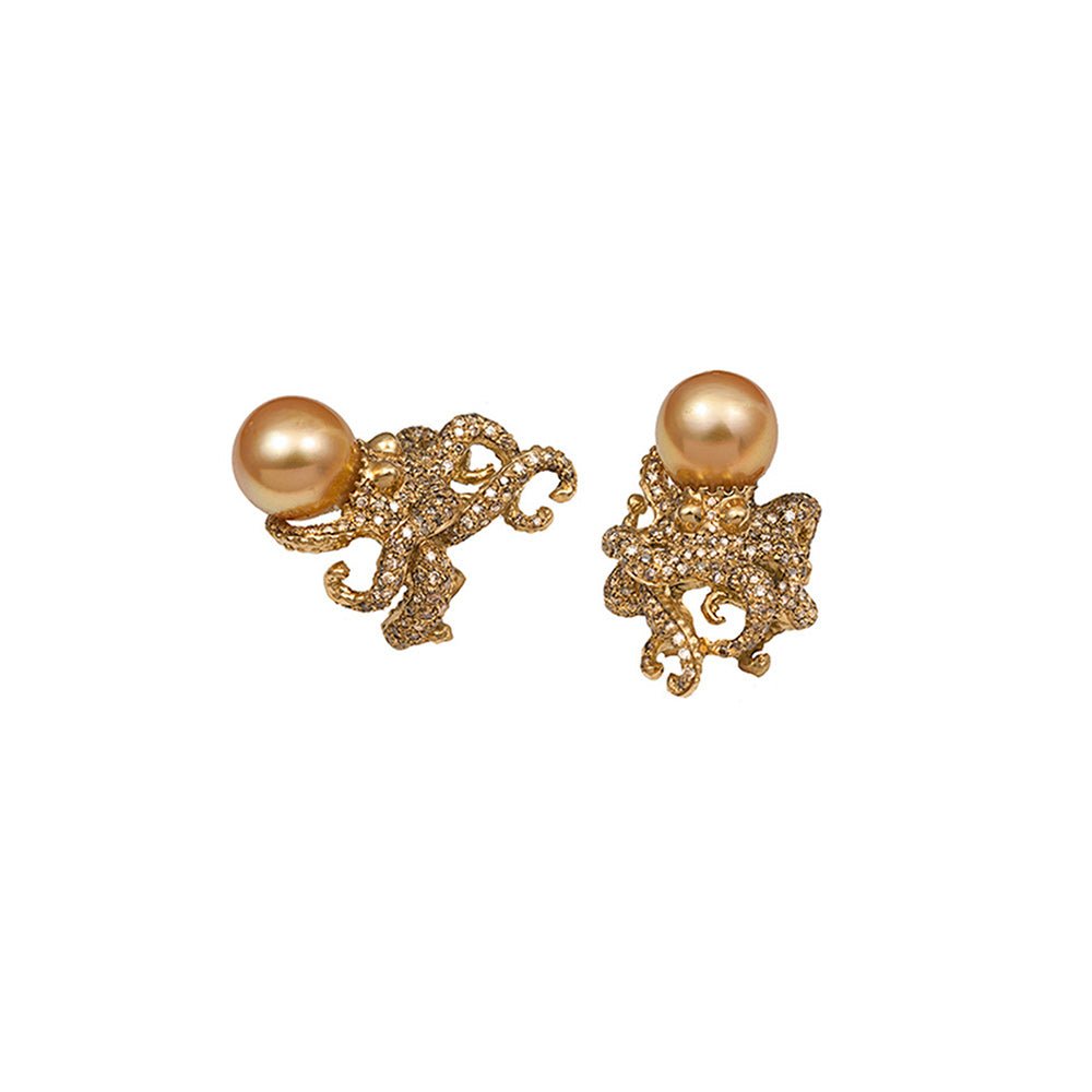 Gold octopus ring with gold pearl and cognac diamonds - Bernard Delettrez | rings