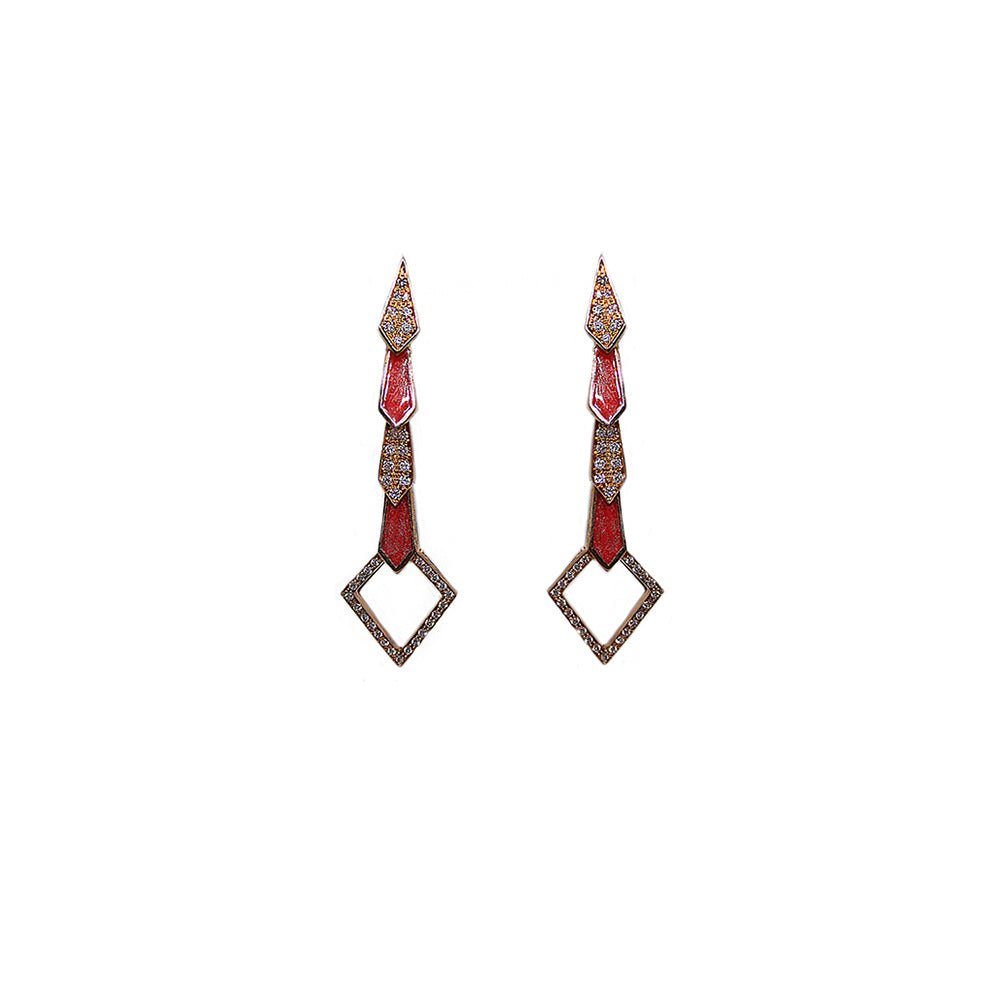 Pink gold snake earrings with diamonds and salmon pink enamel - Bernard Delettrez | earrings