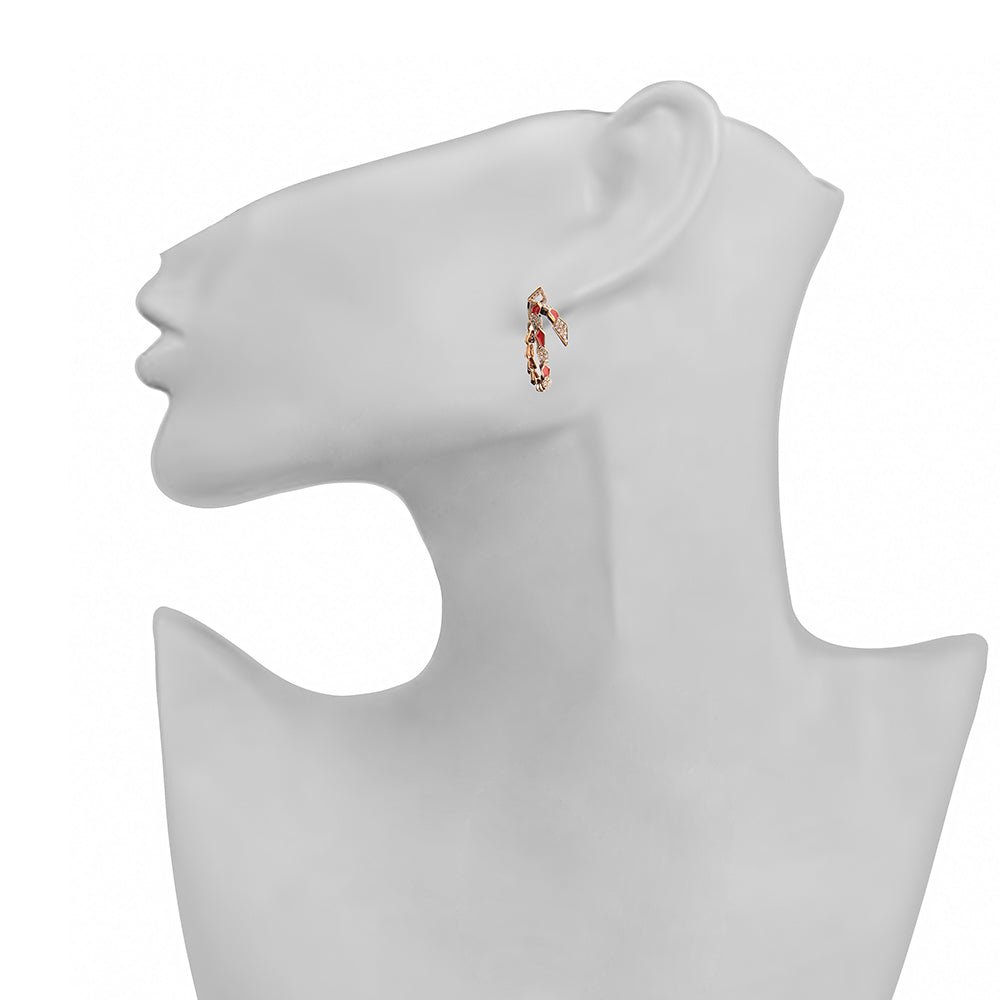 Pink gold spiral snake hoop earrings with pavé diamonds and salmon pink enamel - Bernard Delettrez | earrings