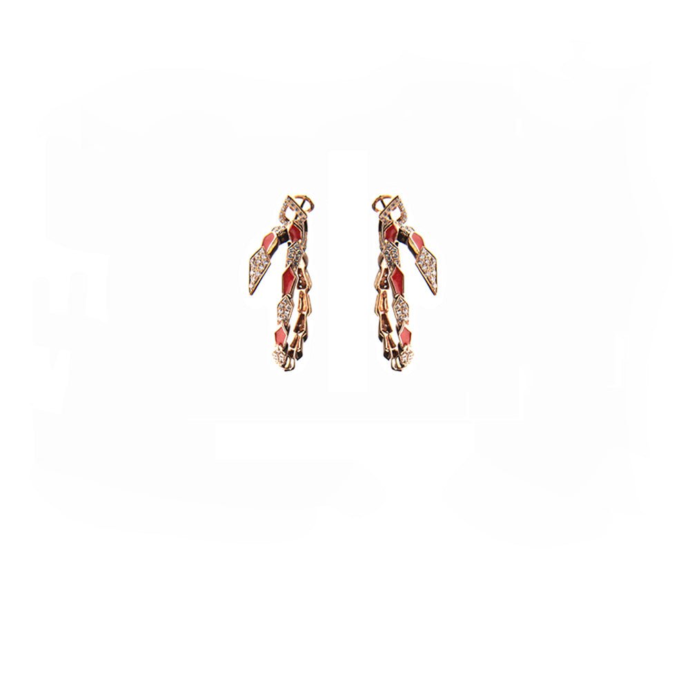 Pink gold spiral snake hoop earrings with pavé diamonds and salmon pink enamel - Bernard Delettrez | earrings