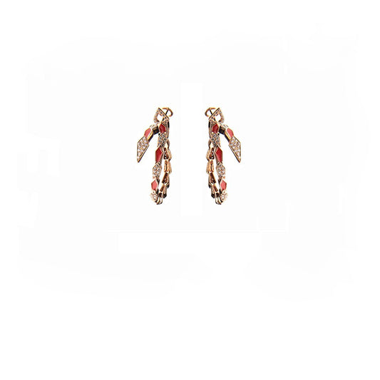 Pink gold spiral snake hoop earrings with pavé diamonds and salmon pink enamel - Bernard Delettrez | earrings