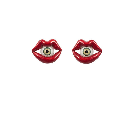 Red enamelled bronze mouth earring with eye - Bernard Delettrez | earrings