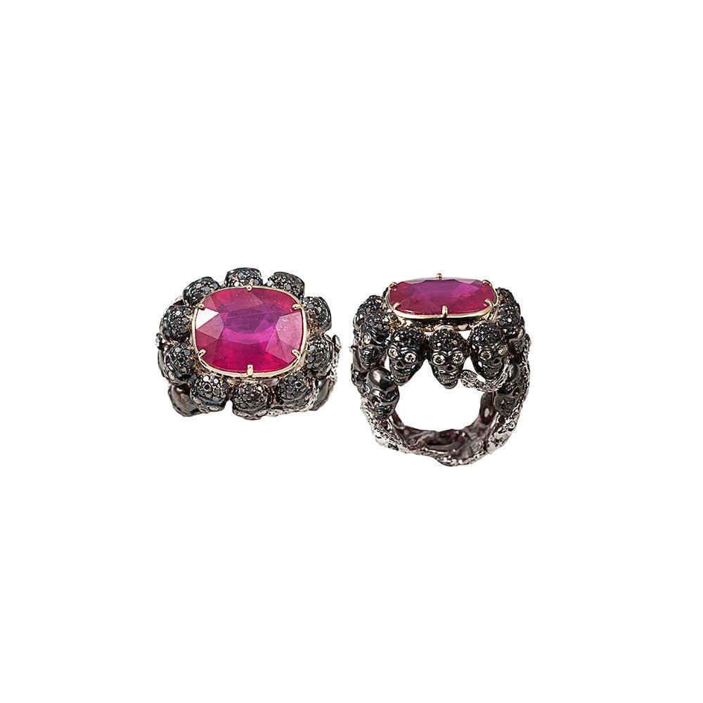 Skulls and snakes black ring with glass-treated ruby - Bernard Delettrez | rings