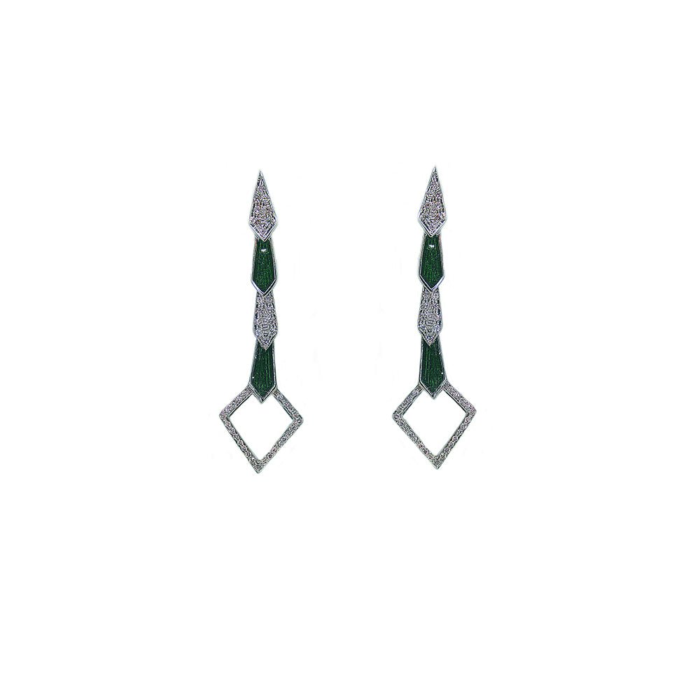 White gold snake earrings with diamonds and green enamel - Bernard Delettrez | earrings