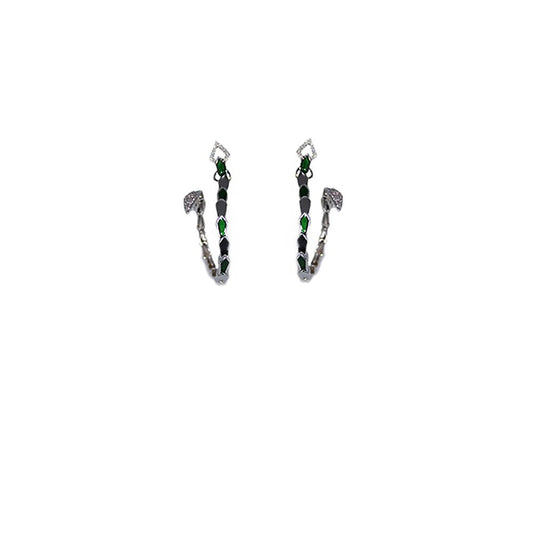 White gold spiral snake hoop earrings with head and tail pavé diamonds and green enamel - Bernard Delettrez | earrings