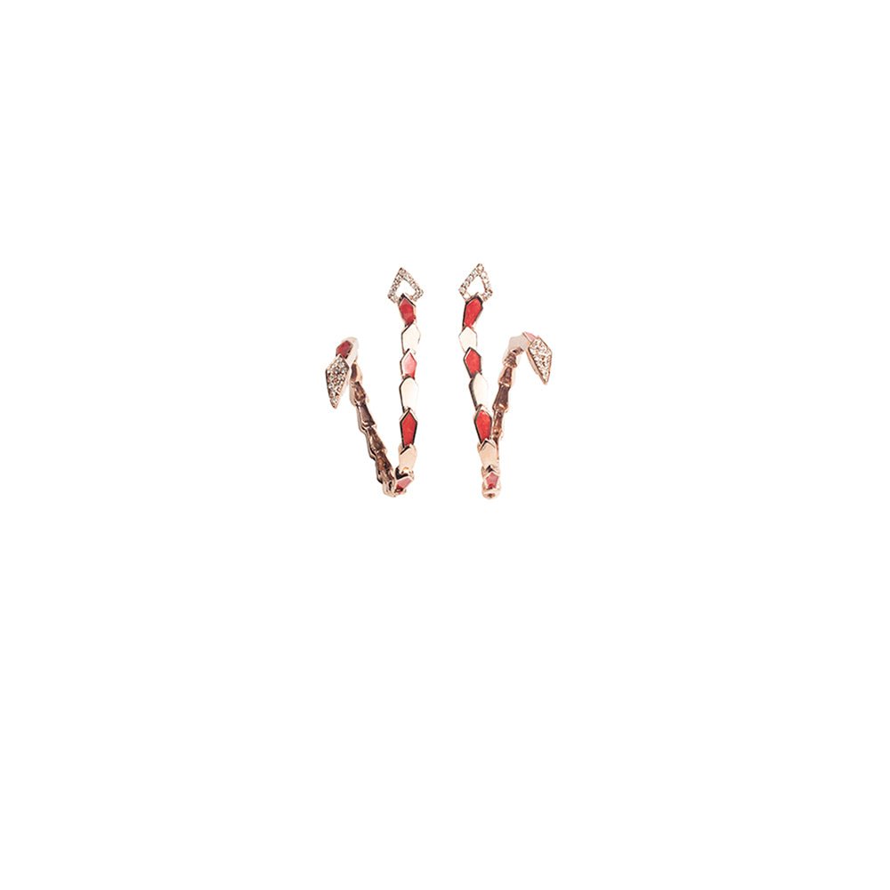 White gold spiral snake hoop earrings with head and tail pavé diamonds and salmon pink enamel - Bernard Delettrez | earrings