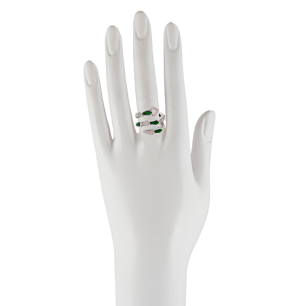 White gold spiral snake ring with pavé diamonds and green enamel - Bernard Delettrez | rings